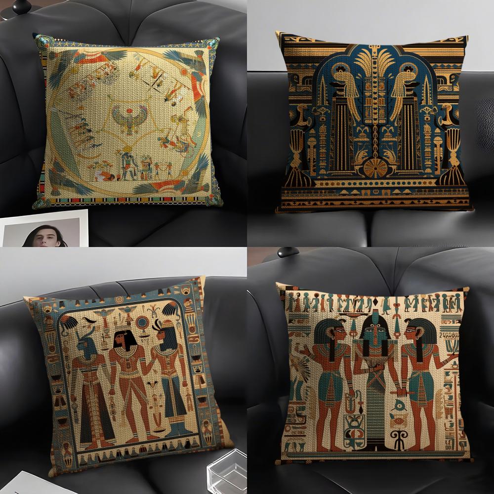Home Textiles Egypt - ปลอกหมอนลายฟาโรห์อียิปต์ ผ้าลินินธรรมชาติ ผ้าออร์แกนิค พิมพ์สองด้าน สำหรับโซฟา ของตกแต่งบ้าน