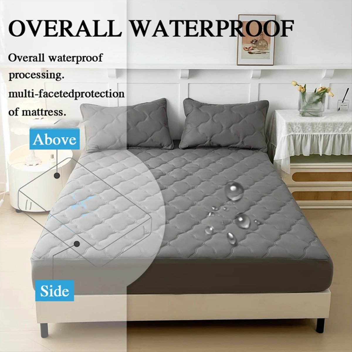 Mattress Protector Waterproof - ผ้าปูที่นอนกันน้ำแบบรัดมุม, แผ่นรองที่นอนไมโครไฟเบอร์เนื้อนุ่ม ระบายอากาศได้ดี สำหรับเตียงขนาด 180x200 ซม.