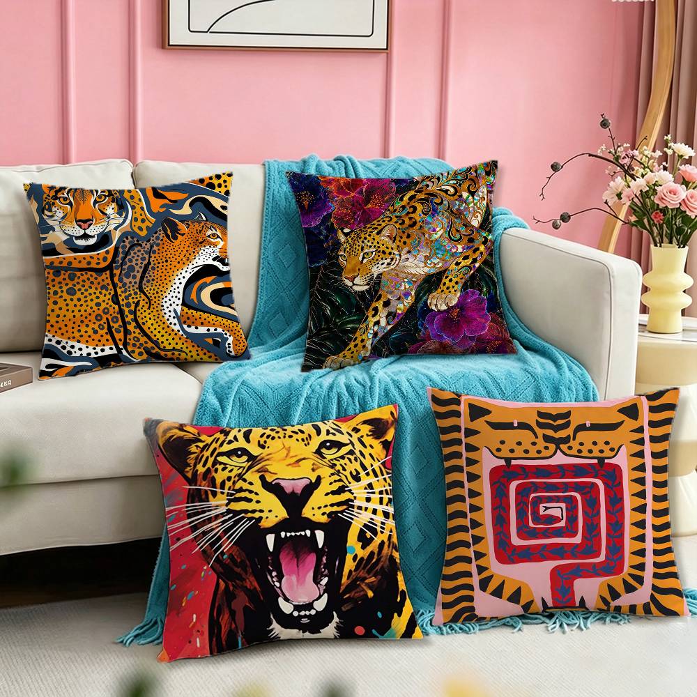 Home Textiles Egypt - ปลอกหมอนพิมพ์ลายสี่เหลี่ยมสองด้านลายเสือและเสือดาวหลากสีสันสไตล์อียิปต์ สำหรับห้องนอน ข้างเตียง โซฟา